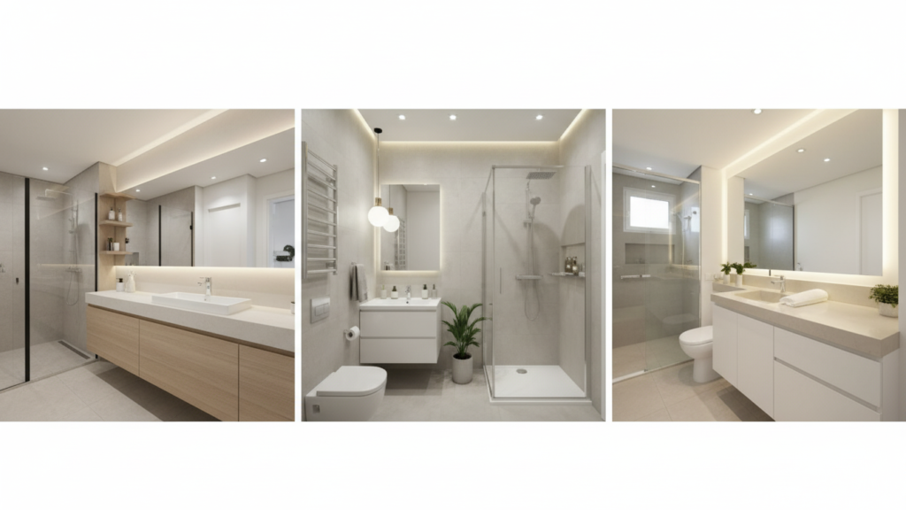 decoração funcional banheiro pequeno prateleiras nichos