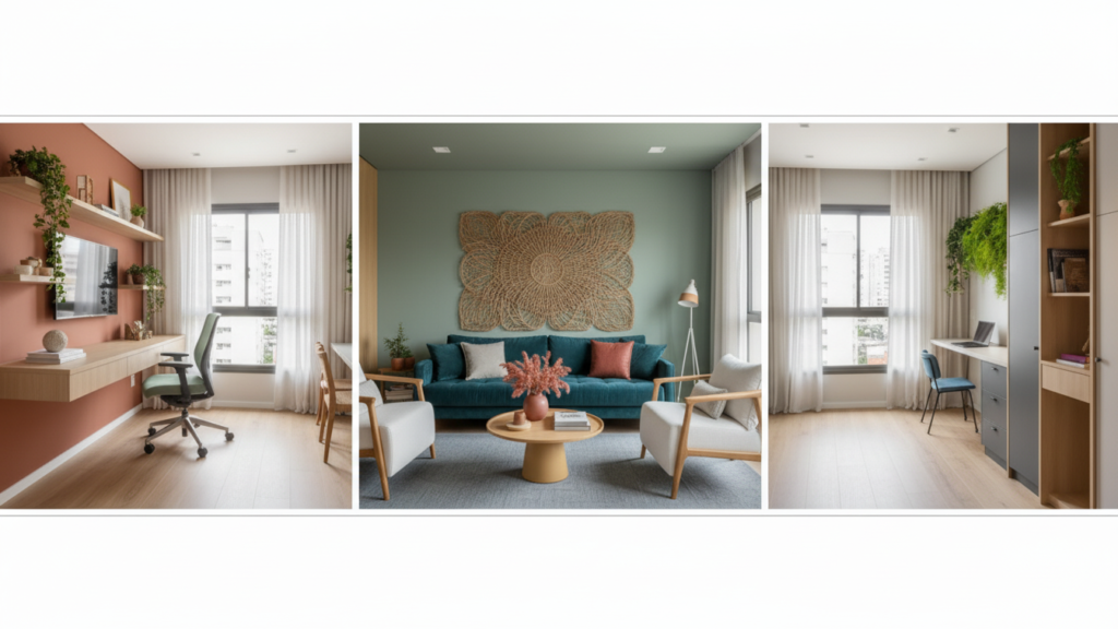 home office organizado prateleiras plantas tons calmos