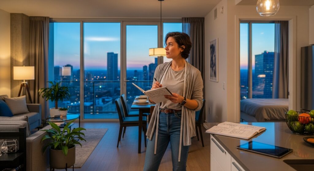 avaliação inicial dos espaços na organização da casa anote observações em um apartamento com vista, para passos simples de organização cotidiana