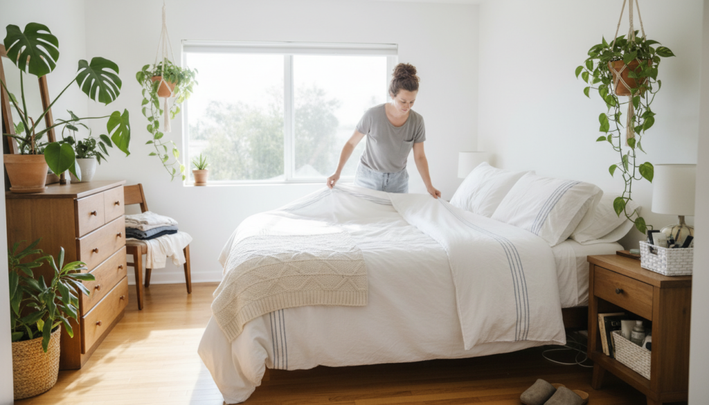 rotina matinal de arrumação na organização da casa arrume a cama e integre plantas para declutter em casa e minimalismo doméstico